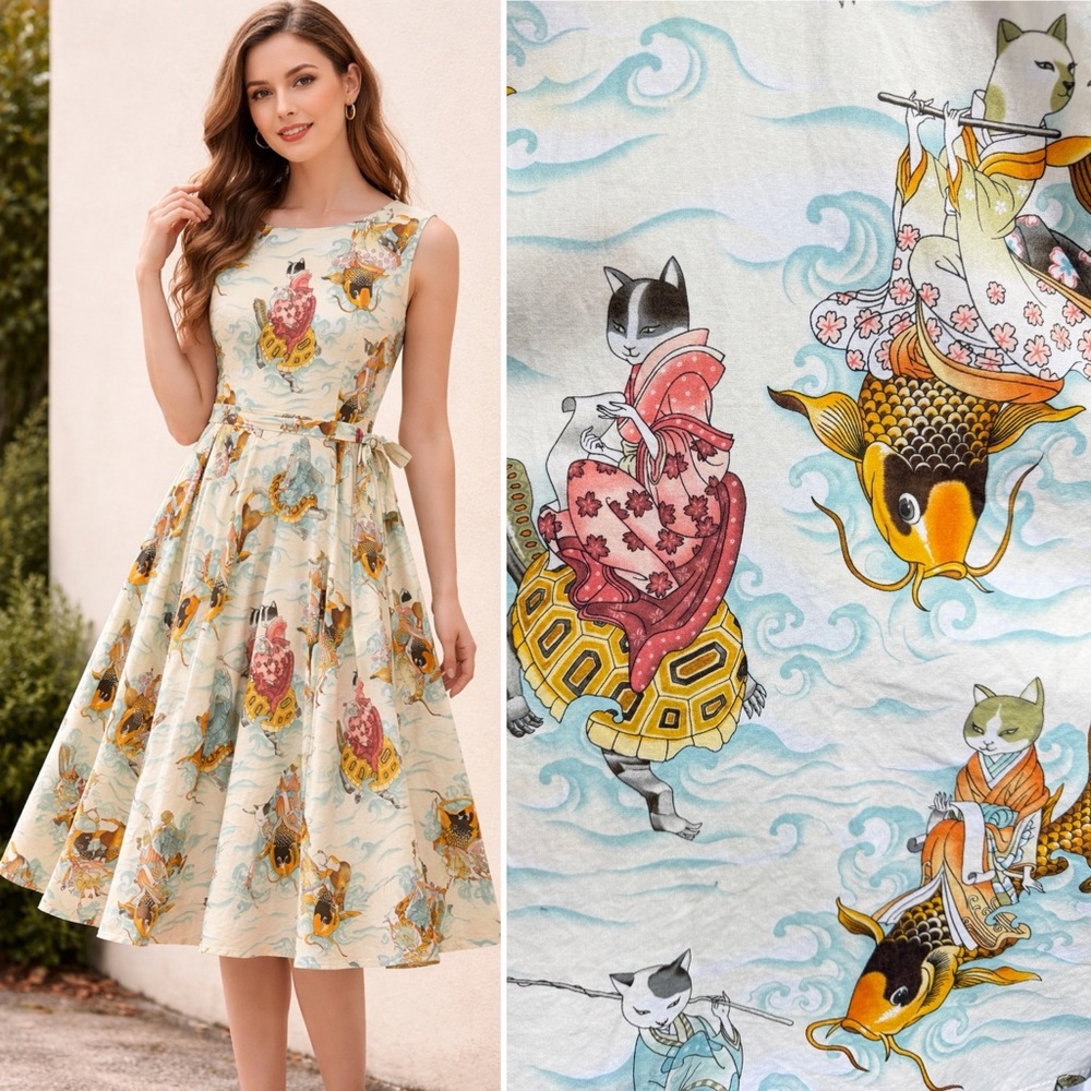 Victory Parade Rosa cat koi fish turtle print full retro ocean dress 12